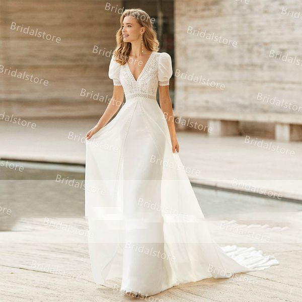 

fairy boho mermaid wedding dreses hip caped overskirt bohemian country wedding dress v neck short sleeve garden lace wedding dress 2021, White