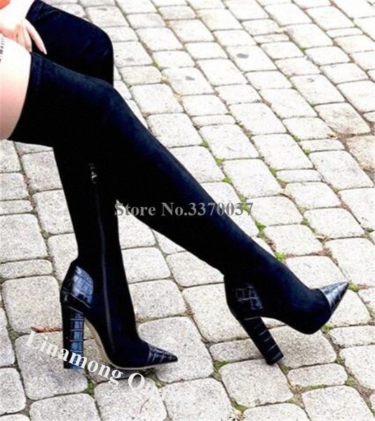

linamong fashion pointed toe patchwork chunky heel over knee boots black suede slim banded long thick high heel boots mens chel s4sb#