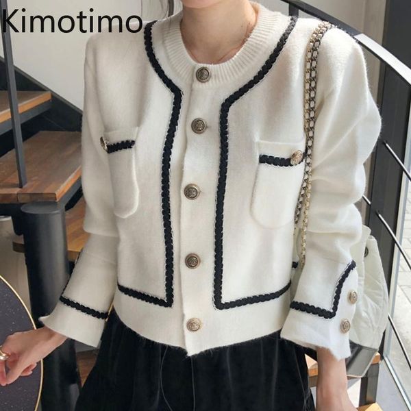 

women's knits & tees kimotimo elegant cardigan women korean chic vintage o-neck pressure line double pockets sweater coat autumn winter, White