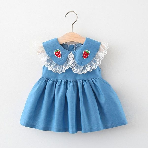 

girl's dresses 2021summer baby girls collar embroidery denim dress, Red;yellow
