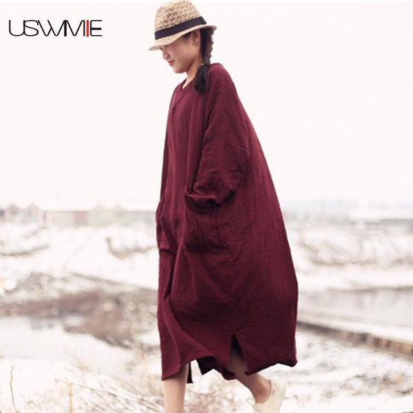 

casual dresses women clothes 2021 literature retro long sleeve solid color v-neck plus size dress double pockets loose irregular hem vestido, Black;gray