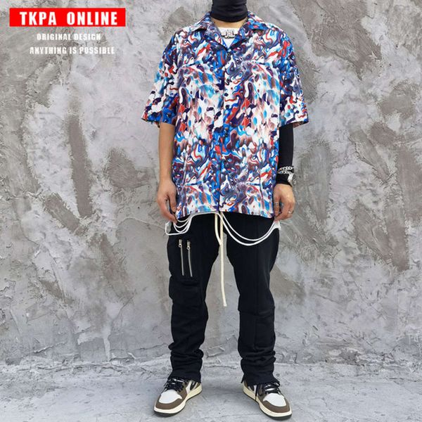 

tkpa guochao hip hop digital manyin abstract camouflage short sleeve shirt for men and women, Tan;black