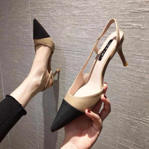 

luxury dress shoes 2021 summer sandals fairy style pointed color matching high s small fragrant wind fine baotou cat heel sho, Black