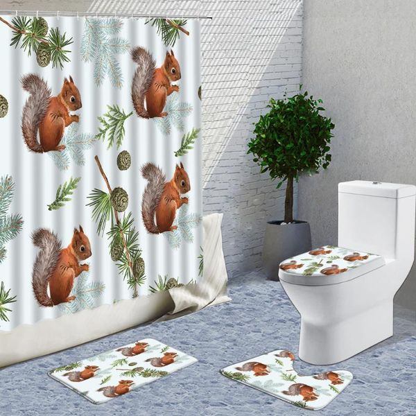 

shower curtains cartoon animals curtain 4-piece set squirrel pine nuts butterfly bird 3d bath decor non-slip mat bathroom supply