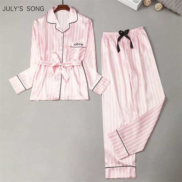 

SONG JULY'S Faux Silk Women Pamas Set 2 Pieces Satin Stripes Polka Dot Printed Sleepwear Long Sleeves Autumn Homewear 210830 10830