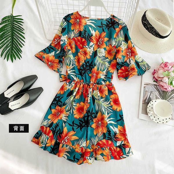 

size plus jumpsuit for women summer deep v neck loose playsuit floral print chiffon rompers overall bohemian 210601, Black;white