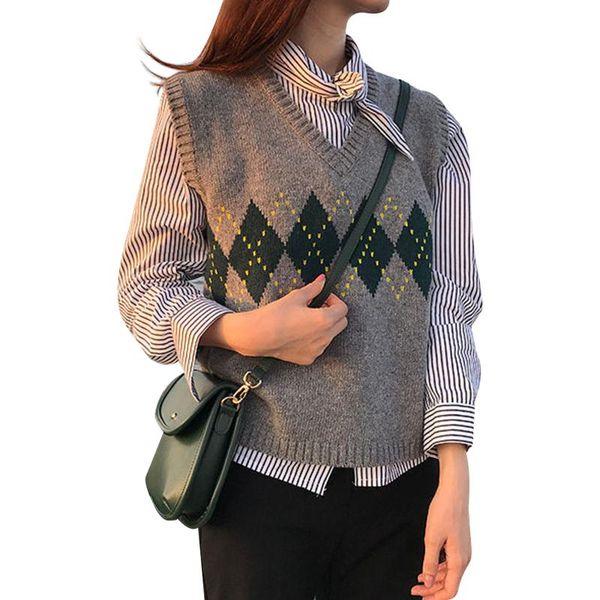 

women's vests women fashion fall spring streetwear preppy style knitwear tank v neck argyle plaid knitted sweater autumn vest, Black;white
