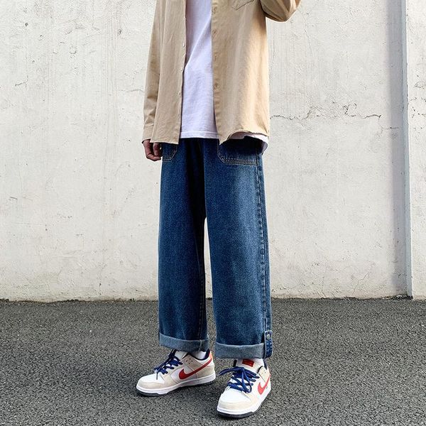 

men's jeans wide-leg fashion casual drawstring men streetwear korean loose hip-hop straight denim trousers mens -5xl, Blue
