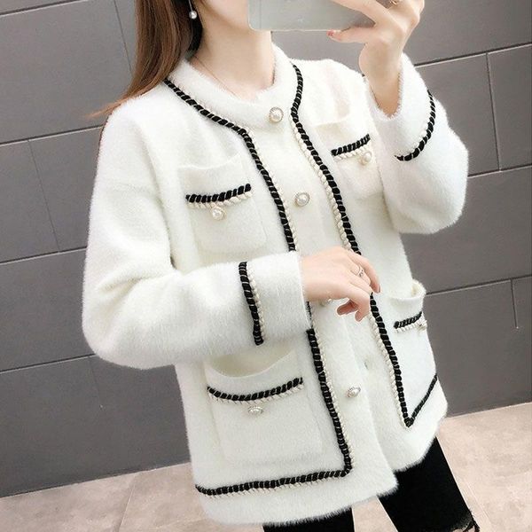 

autumn winter sweet korean single breasted knit cardigan women fashion pearl button imitate mink velvet vintage sweater jacket, White