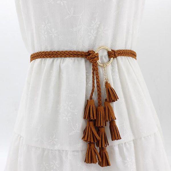 

fashion women solid color braided tassel belt 2021 new boho girls thin waist rope knit belts for dress waistbands accessories, Black;brown