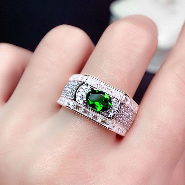

cluster rings personality fashion shiny green oval natural zircon ring for men party jewelry, Golden;silver