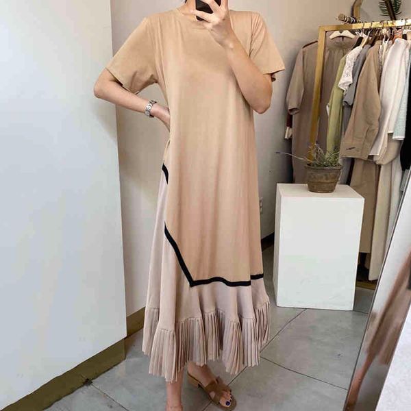 

casual dresses korean version of summer french retro round neck loose design hem contrast color stitching pleated dress, Black;gray