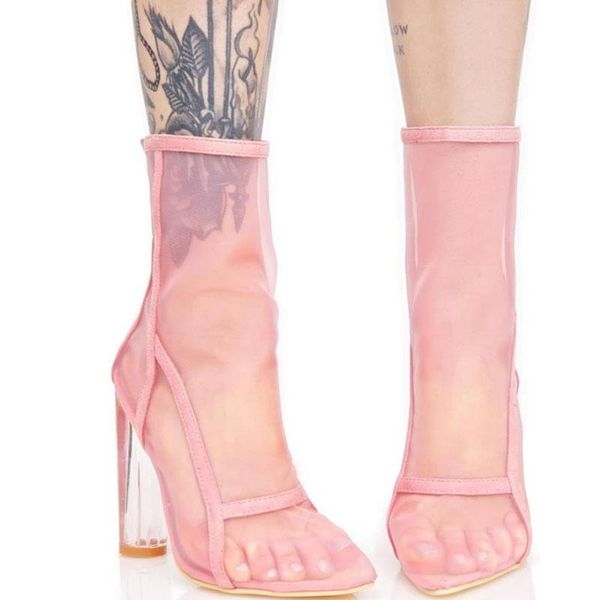 

boots summer gladiator breathable fine mesh pointed toe ankle ladies transparent hoof high heels back zipper bottines women, Black