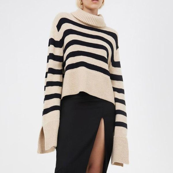 

women's sweaters loose lady turtleneck sweater striped female casual knitted pullover split design women fashion autumn winter jumper, White;black