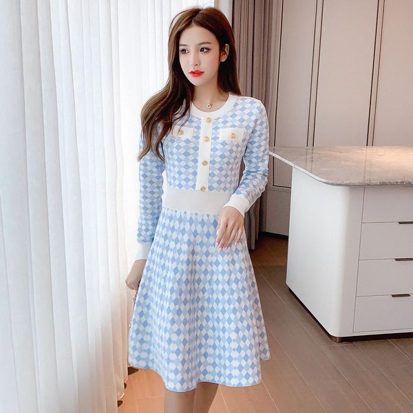 

female fashion dressed 2021 fall small fragrance contrast wind color plaid thin waist long sleeve dress knitted wt5x, Black;pink
