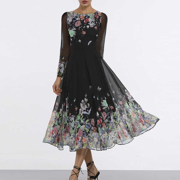 

luxury party evening dress autumn and winter hollow out slim swing long sleeve printed medium length skirt, White;pink