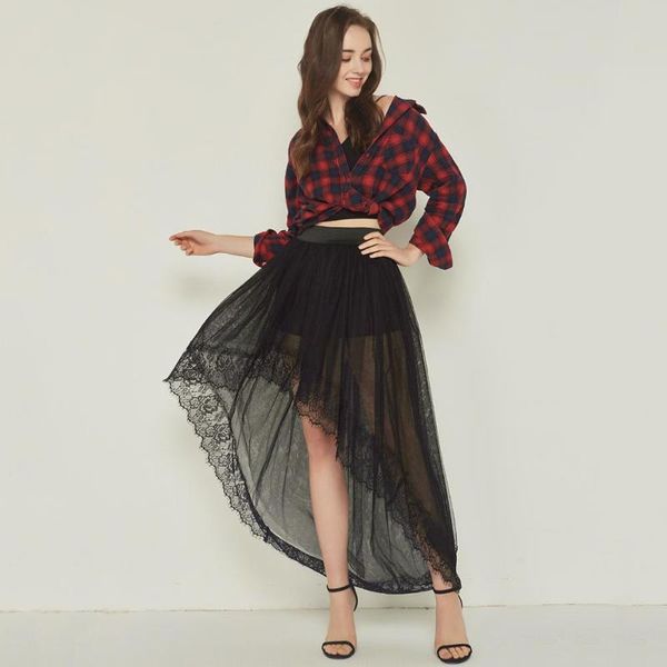 

skirts black see through tulle & floral lace hem long asymmetrical sweet lolita skirt underskirt women party clubwear petticoat
