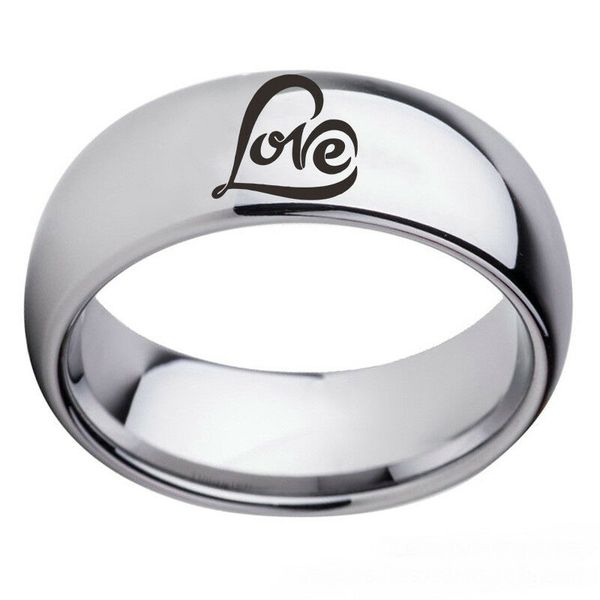 

love heart logo stainless steel arc edge silver black band couple ring size 6-13