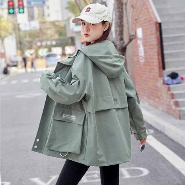 

women's jackets plus size short coats 2021 spring fashion cotton blend splicing big pocket hooded loose work jacket woman, Black;brown
