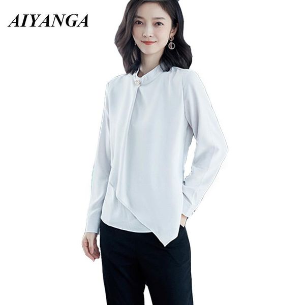 

women's blouses & shirts -3xl beading chiffon for women long sleeve autumn winter 2021 elegant ladies office blouse under shirt top, White