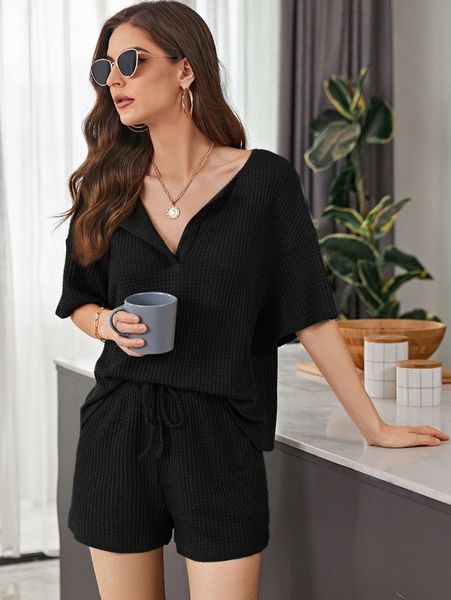 

notch neck waffle knit & track shorts set c1ne#, White