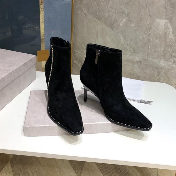 

boots women pointed-toes thin heels ladies black natural kid suede zipper ankle designer shoes zapatos botines mujeres