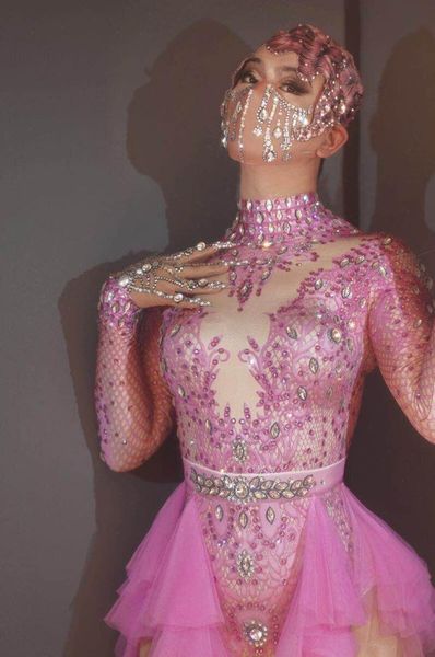 

sparkly rhinestones pink lace bodysuit women long sleeve birthday party outfit dance costume show performance stage wear, Black;white