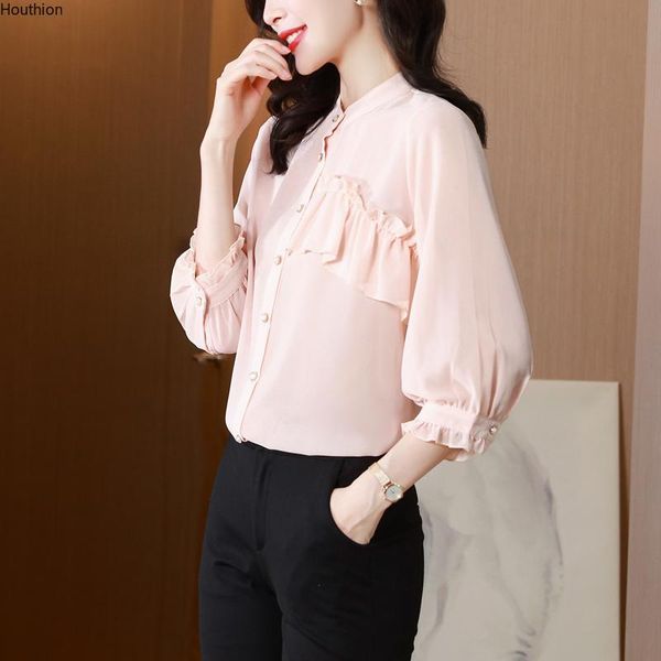 

women's blouses & shirts summer o collar shirt 3/4 sleeve solid color blouse girl satin casual fashion lady loose, White