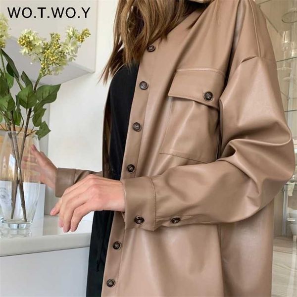 

wotwoy single breasted faux leather jacket autumn winter turn-down collar solid loose outwear female casual coats 211014, Black;brown