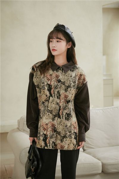 

2021 new corduroy vintage women long sleeve blouse button up collar shirt cat print winter fashion patchwork bbqg, White