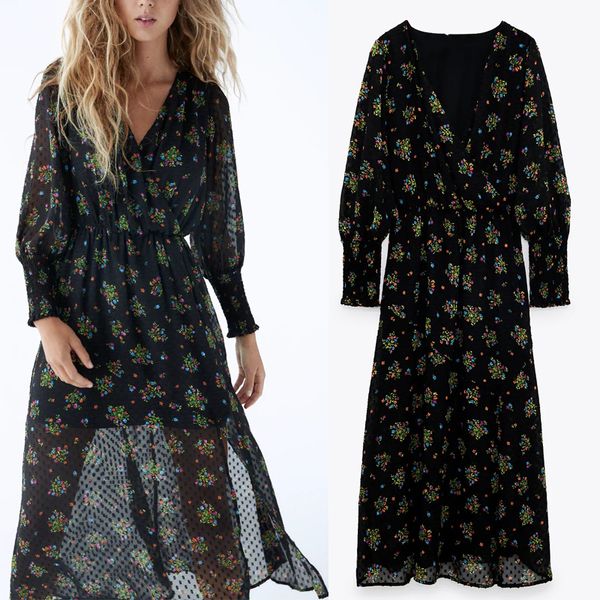 

New Black 2021 Floral Printed Plumetis Tulle Midi Women Vintage V-neck Long Sleeve See Through Dress Woman Elastic Waist T04g F19I, Black;gray