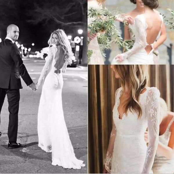 

other wedding dresses v-neck modest long sleeves full lace bridal gowns custom made elegant beach backless sheath, White