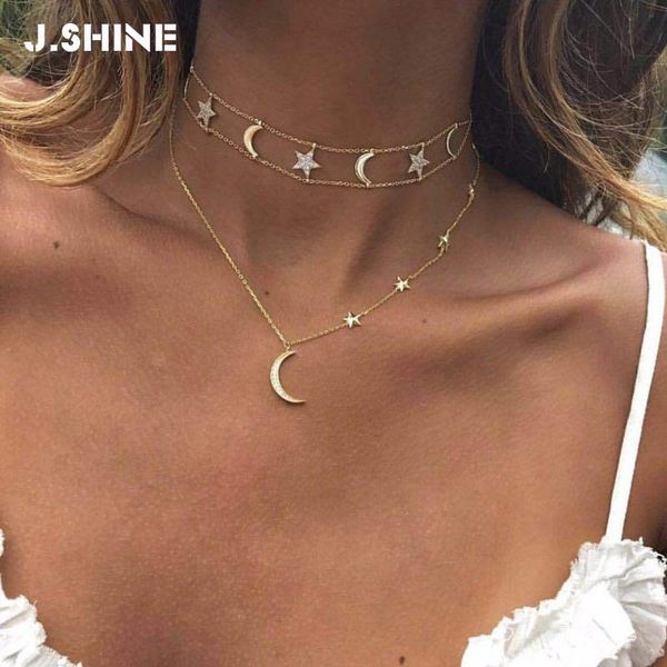 

pendant necklaces jshine bohemian gold color moons and stars choker necklace multi layer alloy chain for women fashion jewelry, Silver