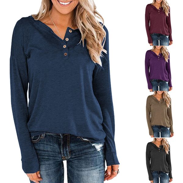 

tees t-shirt 2021 women's solid color loose long sleeve round neck pullover button t-shirt, White