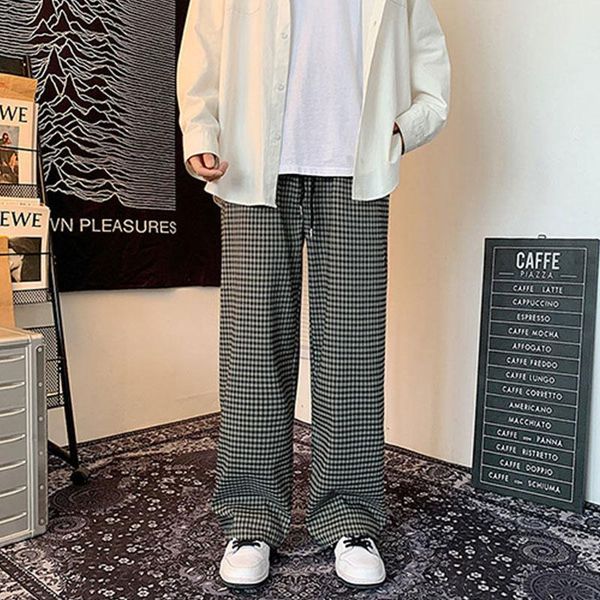 

men's pants casual personality autumn loose straight wide-legged korean version of the trend retro checkered trousers, Black