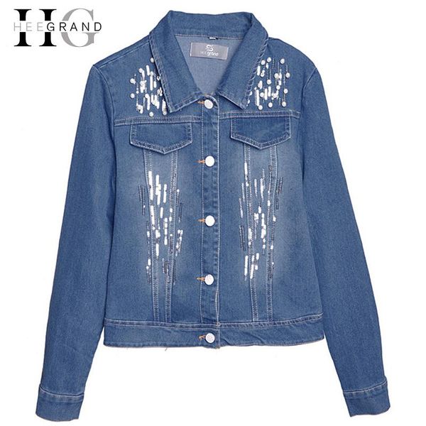 

women's jackets hee grand high street fashion jeans jacket women hole pearl slim denim coat mujer beaded female outwear sequined girls, Black;brown