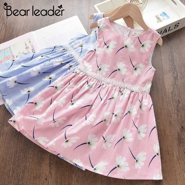 Bear líder Moda verão 3-7 anos meninas vestidos sem mangas algodão roupas flor impressão padrão vestido com laço princesa menina 210708