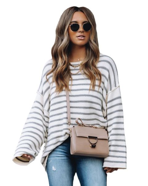 

2021 winter new women's loose splicing pullover striped large sweater, White