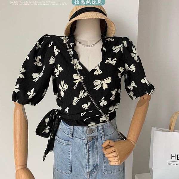 

women's blouses & shirts ahy bow print chiffon shirt 2021 summer waist foreign style small design sense niche top, White