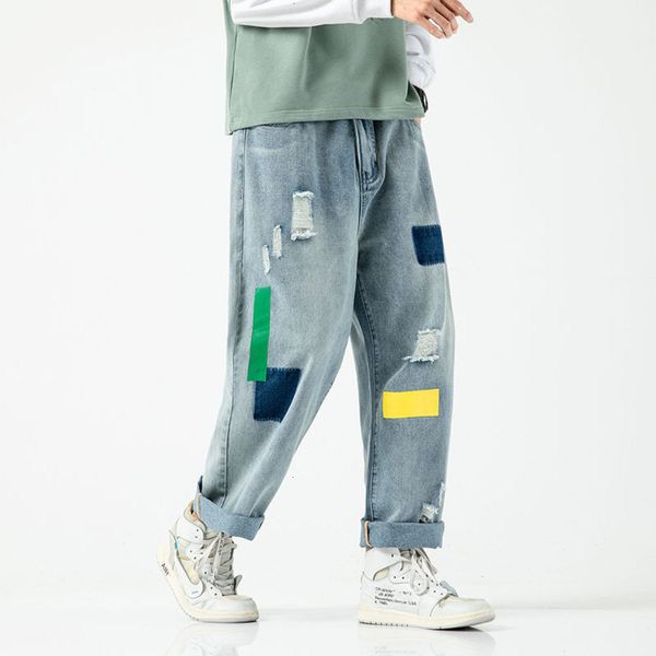 

2021 autumn new men's casual jeans fashion patch loose large straight pants, Blue