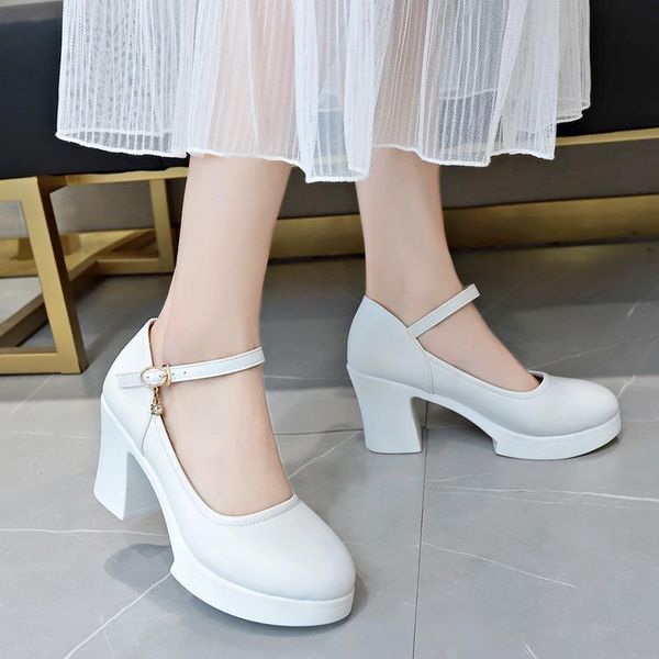 

dress shoes rimocy fashion ankle strap platform pumps women 2021 spring round toe thick high heels woman 8cm white casual, Black