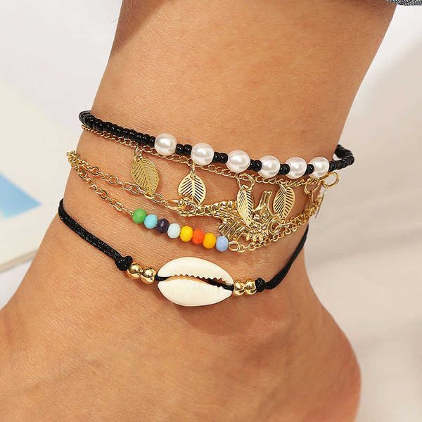 

beach style handmade beaded shell leaf set anklet bohemian multi-layer braided body chain, Red;blue