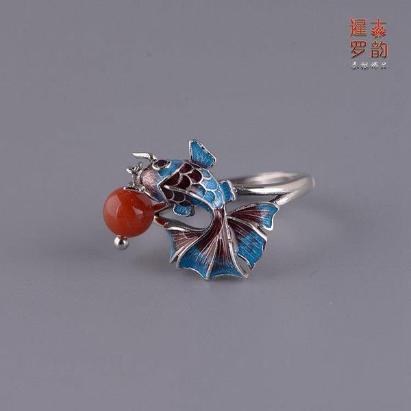 

cluster rings siam ancient rhyme s925 silver vintage craft cloisonne enamelled natural south red agate beads goldfish ring, Golden;silver