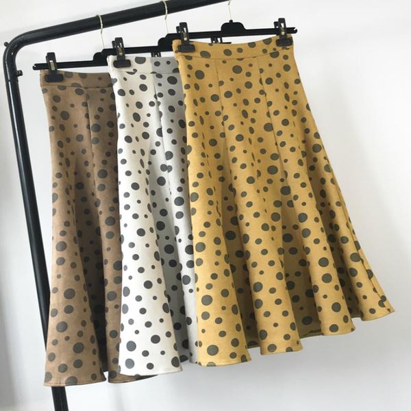 

skirts autumn winter korean chic polka dotted thick suede a-line mid calf skirt high waist patchwork pleated skater long yellow, Black