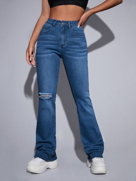 

high waisted ripped flare leg jeans p34r#, Blue
