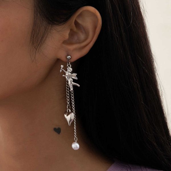 

jewelry creative personality love asymmetric network red crowd versatile little angel earrings girl, Silver