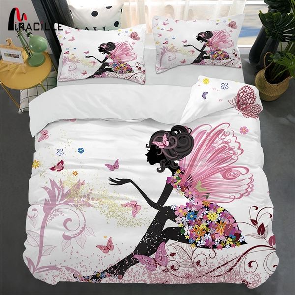 Miracille rosa fada bedloclothes 3d impressão de duveta capa pillowcase set para menina quarto conjuntos de cama home têxtil gêmeo tamanho completo 210309