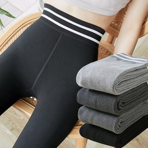 

women's leggings winter warm thickening cashmere stretch women slim striped casual embroidery high waist skinny pants, Black