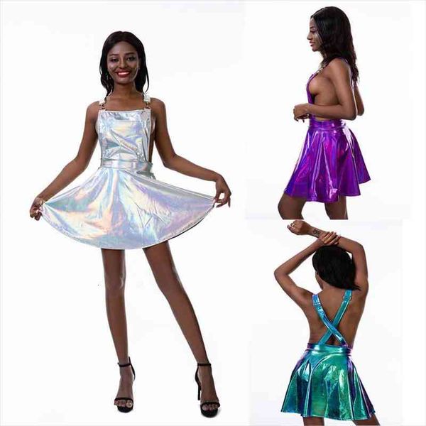 

fashion a-line holographic colour dress with suspenders look laser club stage dress, Black;gray