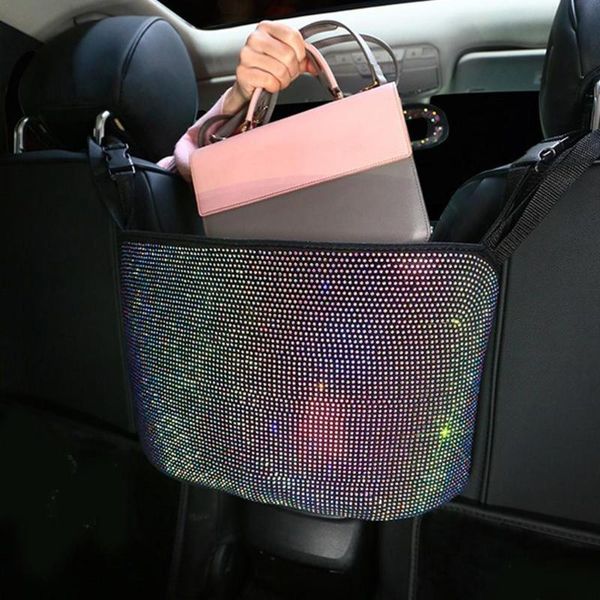 

car organizer luxury diamond rhinestone storage bag rear seat multi-pocket retainer finishing